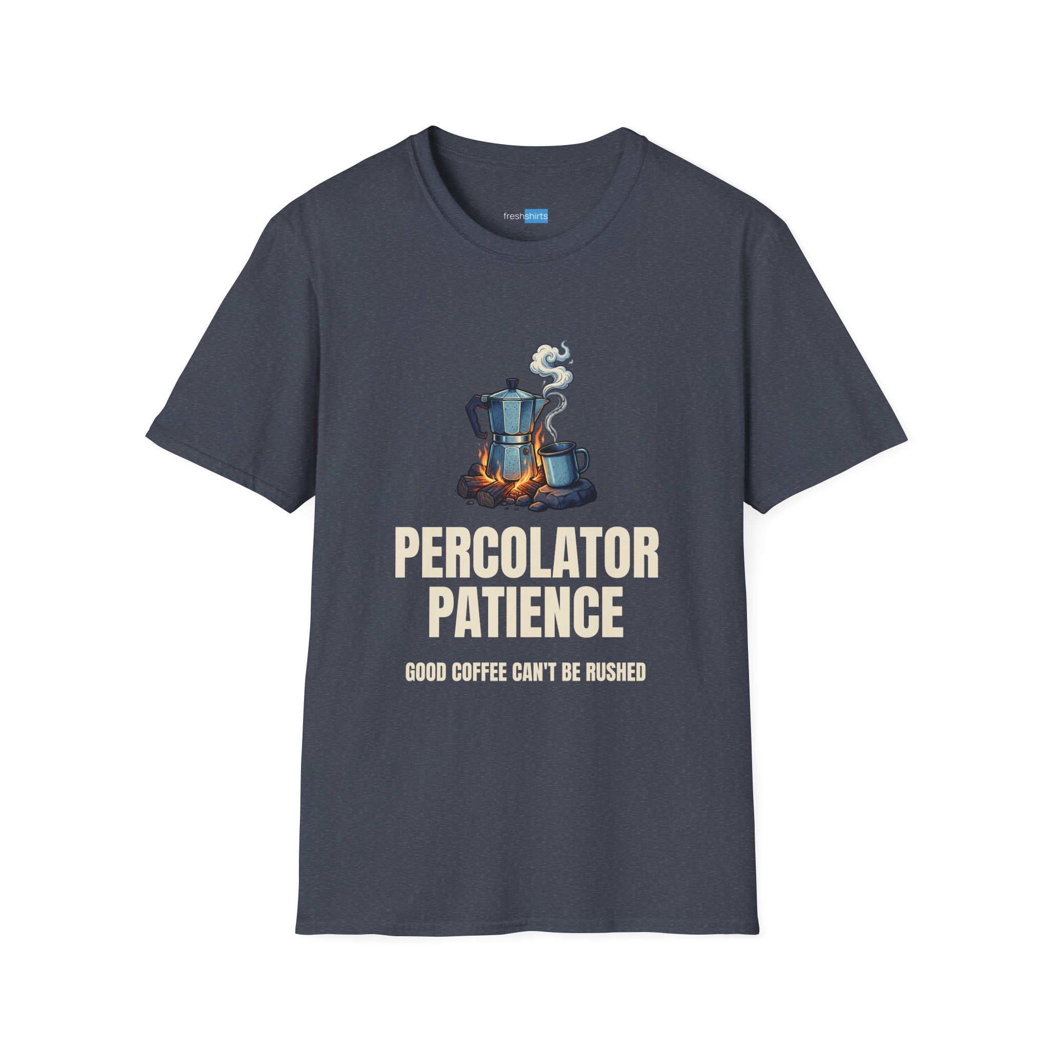 Percolator Patience Campfire Coffee Shirt - Heather Navy