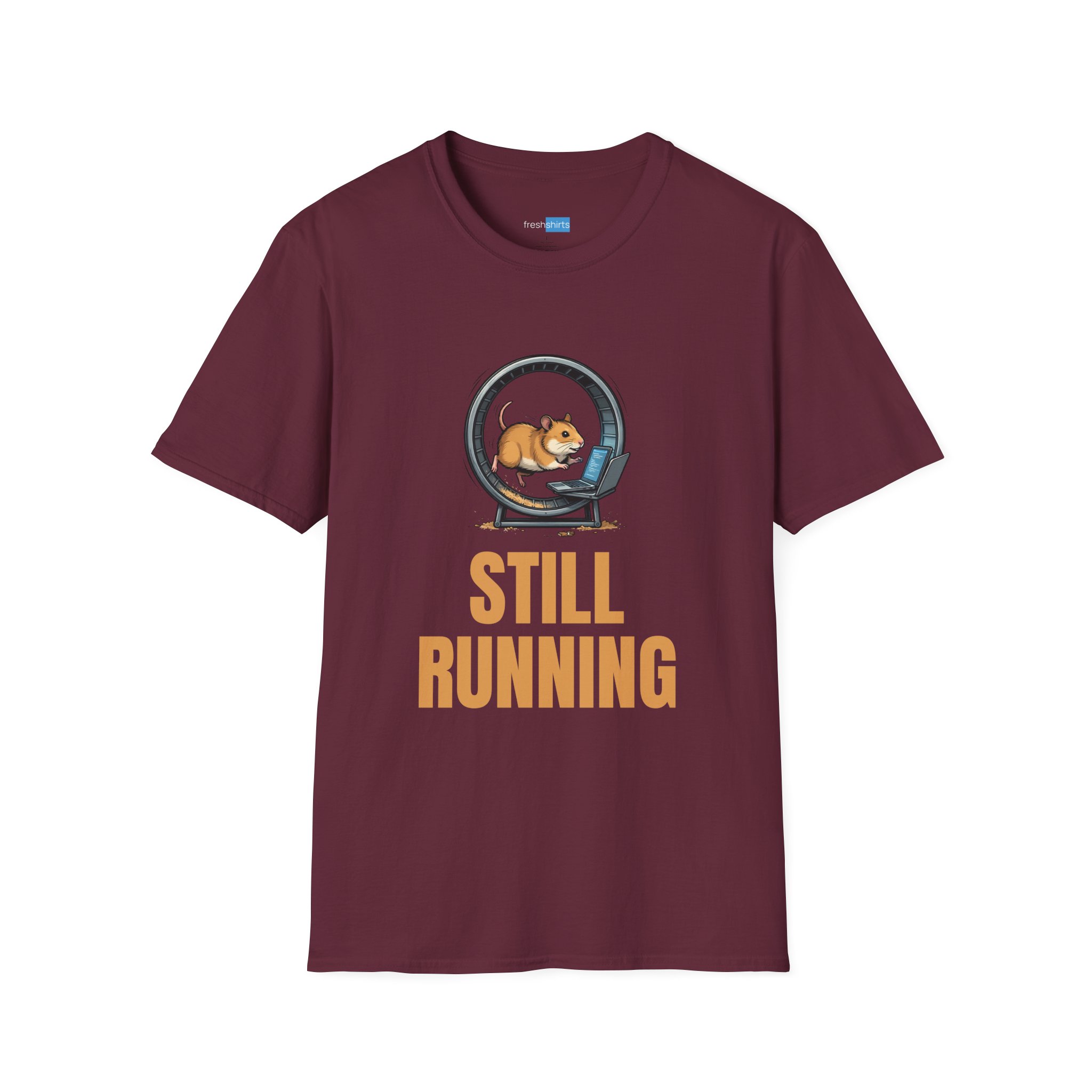 Still Running Hamster on Laptop Shirt - Funny Coding Tee - Maroon