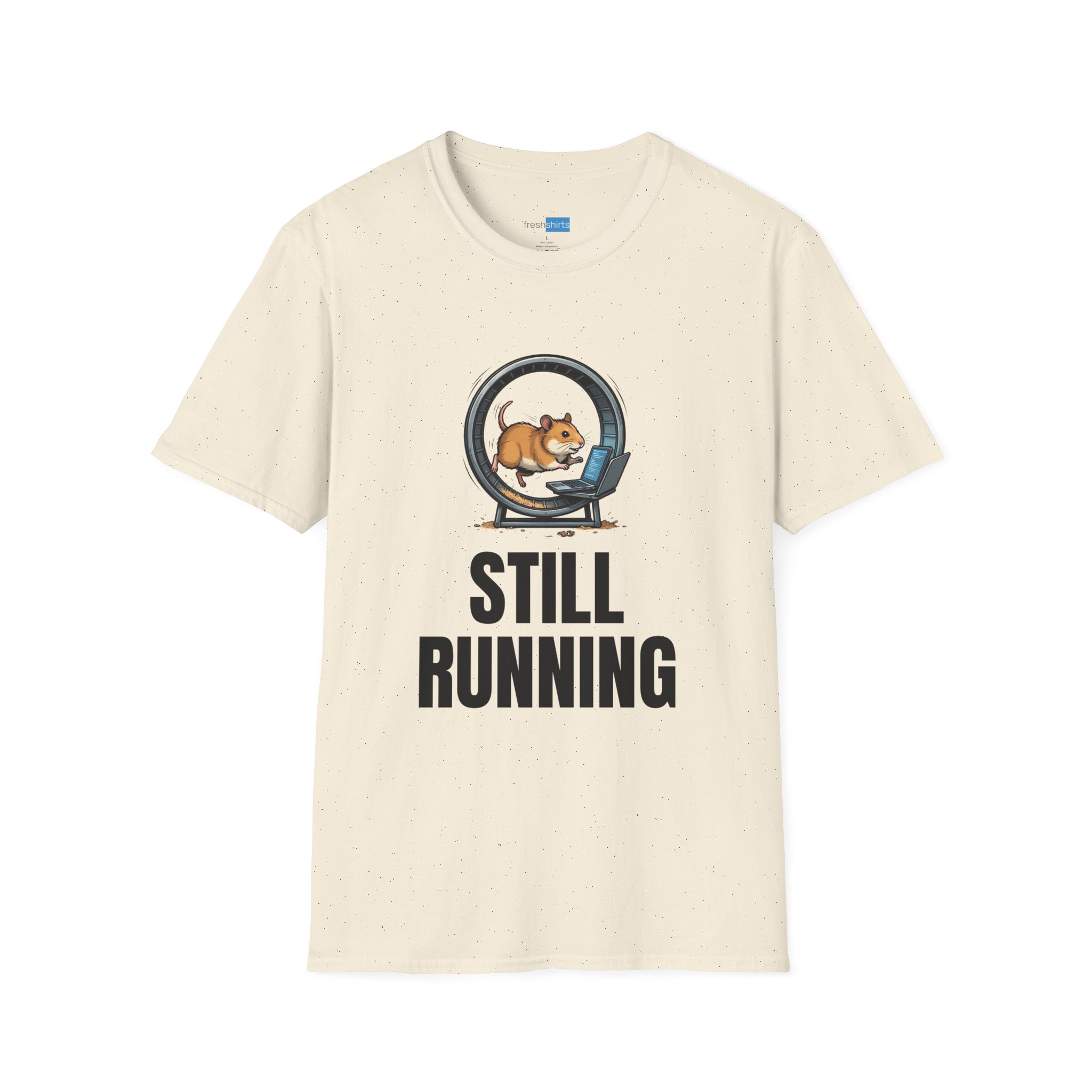 Still Running Hamster on Laptop Shirt - Funny Coding Tee - Natural