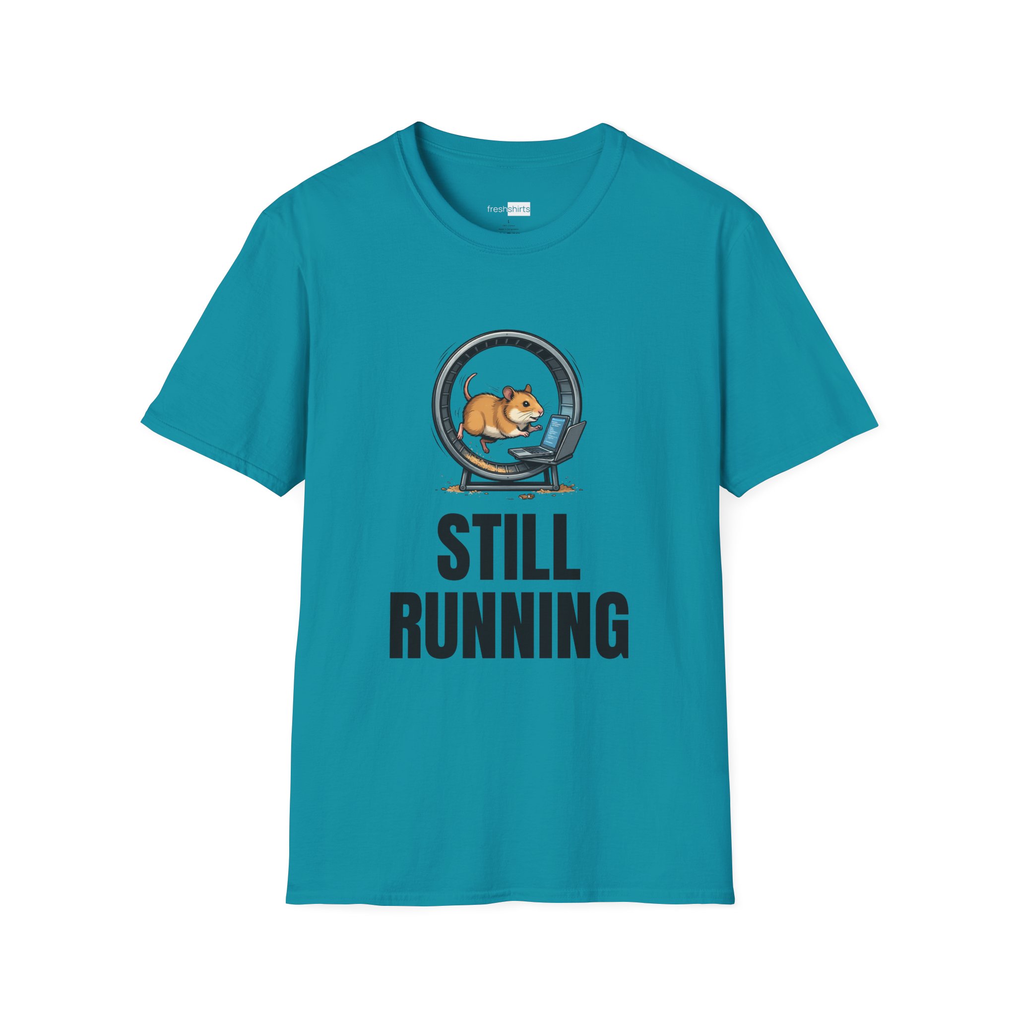 Still Running Hamster on Laptop Shirt - Funny Coding Tee - Tropical Blue