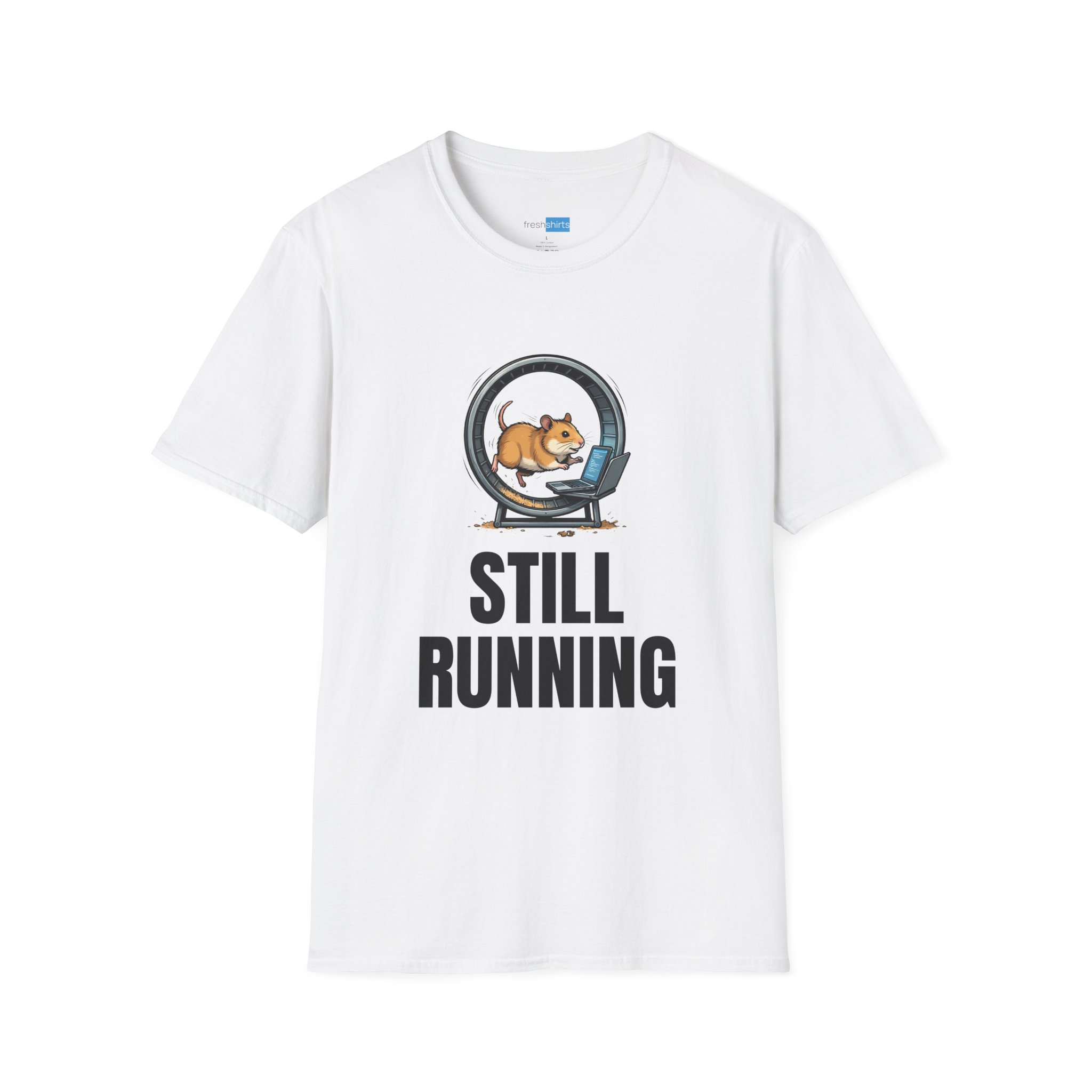 Still Running Hamster on Laptop Shirt - Funny Coding Tee - White
