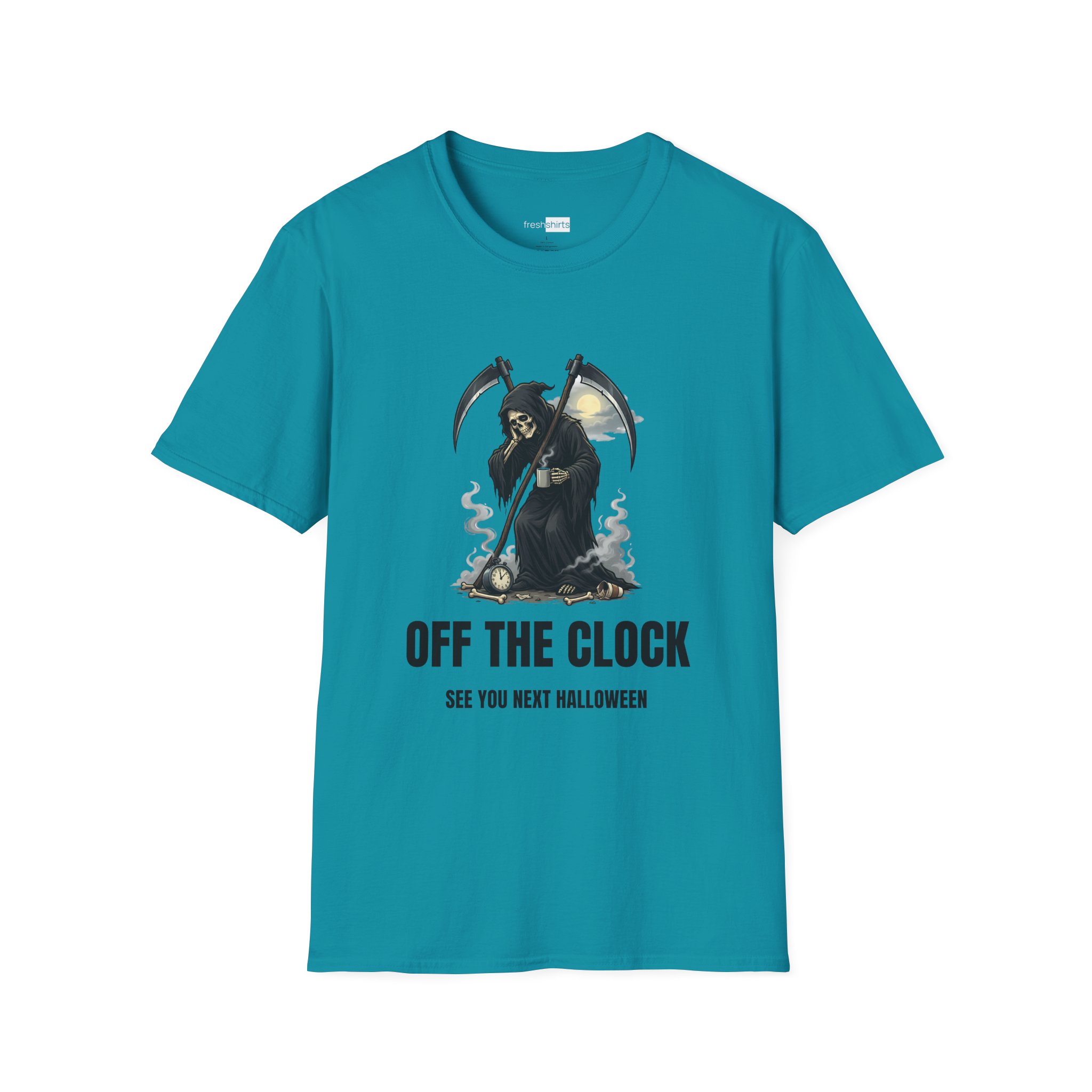 Off The Clock Grim Reaper Shirt - See You Next Halloween - Tropical Blue