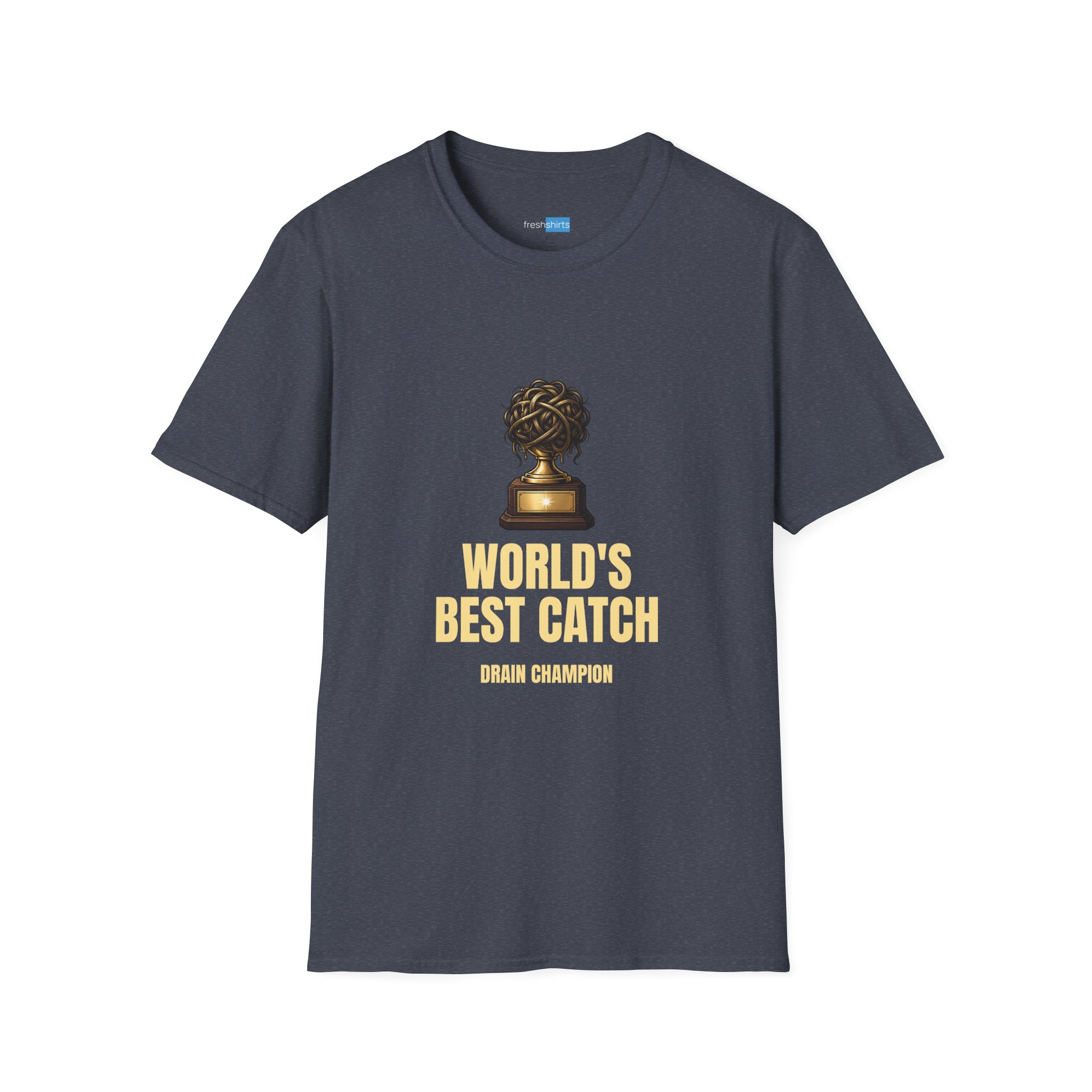World's Best Catch Drain Champion Shirt - Funny Hairball Trophy Tee - Heather Navy