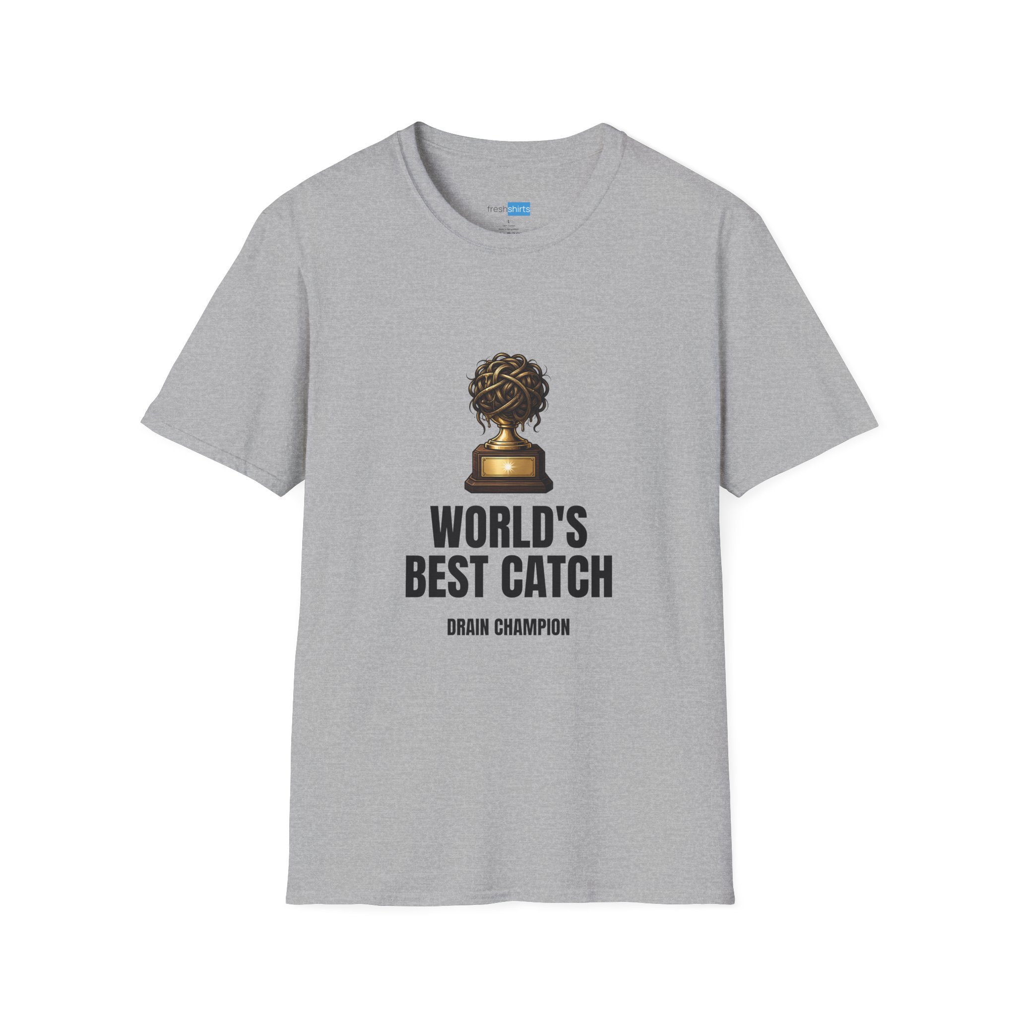 World's Best Catch Drain Champion Shirt - Funny Hairball Trophy Tee - Sport Grey