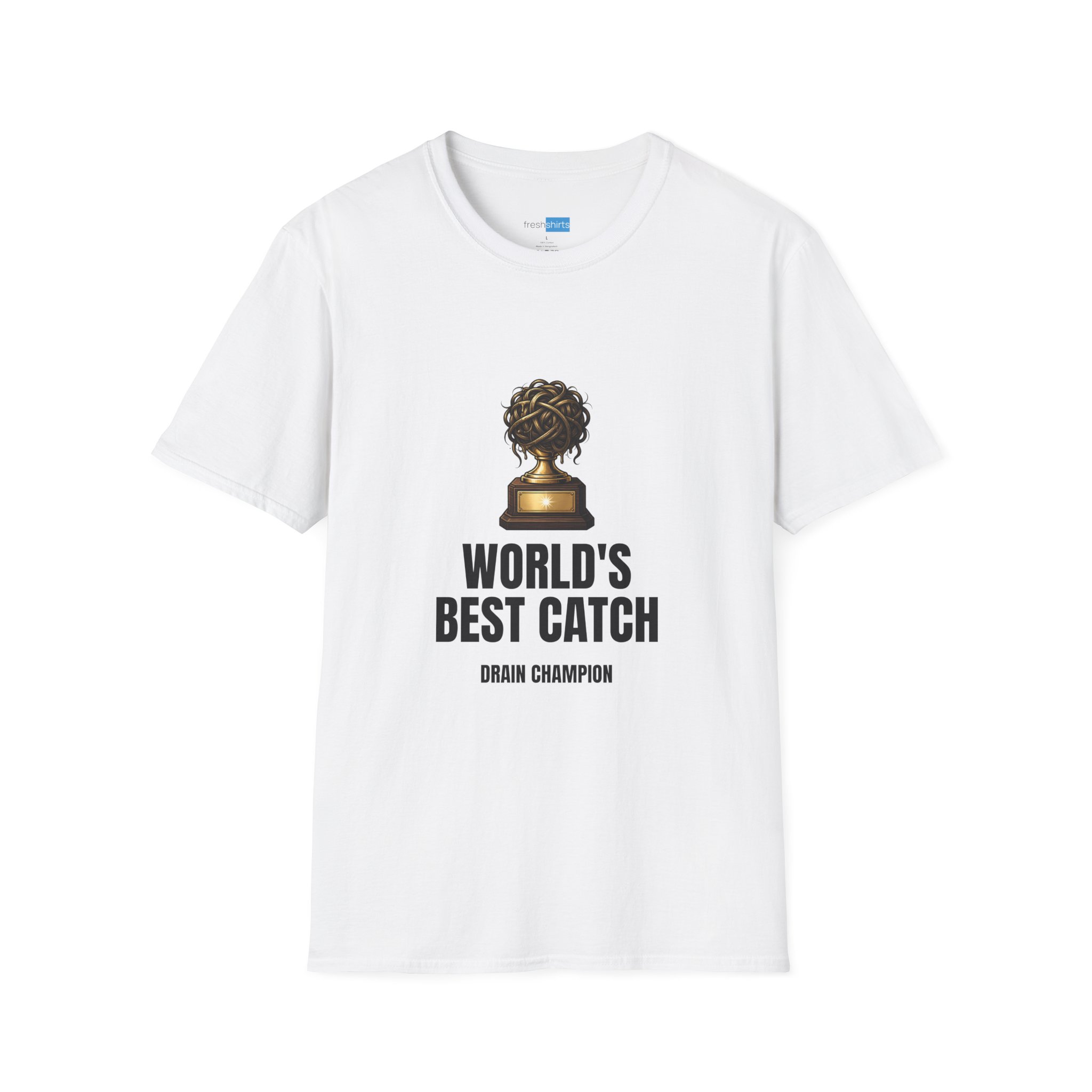 World's Best Catch Drain Champion Shirt - Funny Hairball Trophy Tee - White
