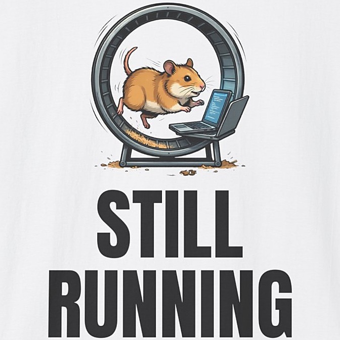 Still Running Hamster on Laptop Shirt - Funny Coding Tee - white