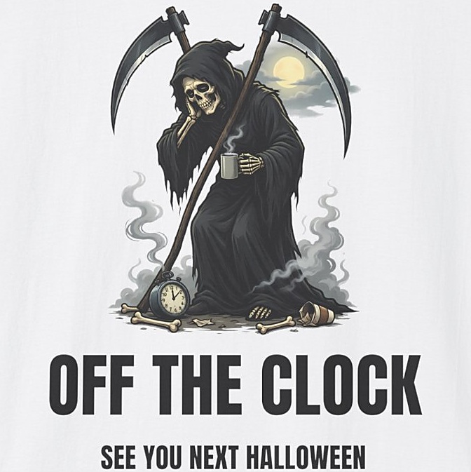 Off The Clock Grim Reaper Shirt - See You Next Halloween - white